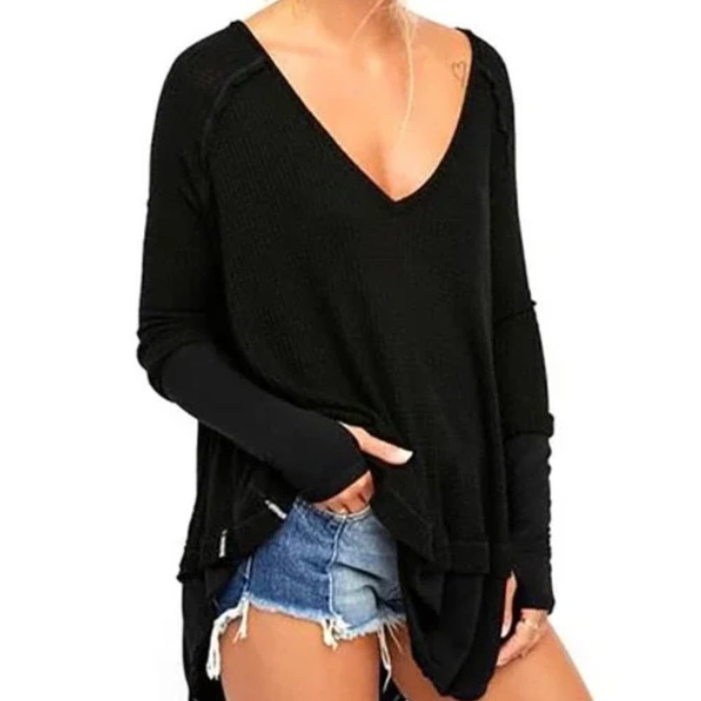We the Free People Black Laguna Waffle Oversized Thumb Hole Top Small